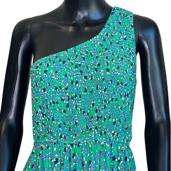 ZESICA One-Shoulder Green Floral Midi Dress Smocked Bodice & Flowy Tiered Skirt - Picture 8 of 13